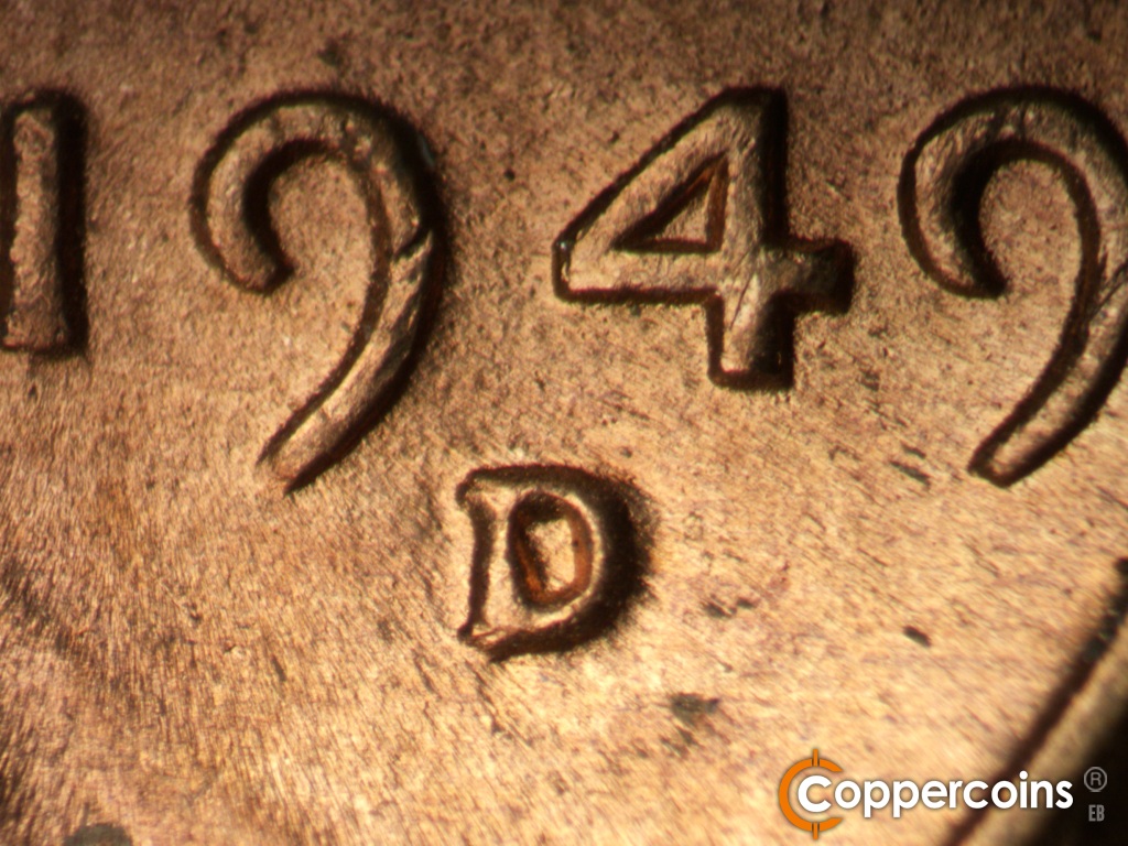 Die-stage B marker on 1949D•1MM•043 showing Closeup of repunched mint mark.