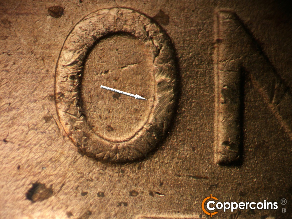 Die-stage B marker on 1949D•1MM•043 showing Die dot inside O in ONE.