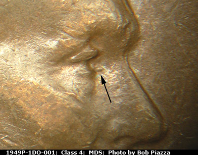 Die-stage B marker on 1949P•1DO•001 (1949 Doubled Die Obverse).