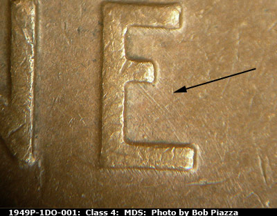 Die-stage B marker on 1949P•1DO•001 (1949 Doubled Die Obverse).