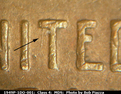 Die-stage B marker on 1949P•1DO•001 (1949 Doubled Die Obverse).