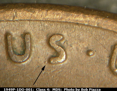 Die-stage B marker on 1949P•1DO•001 (1949 Doubled Die Obverse).