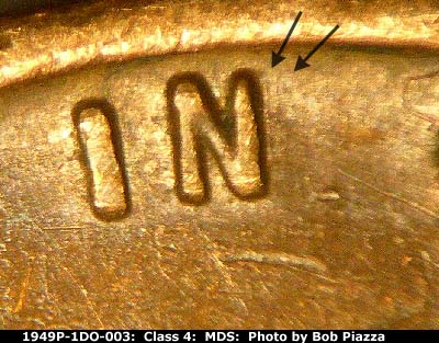 Die-stage B marker on 1949P•1DO•003 (1949 Doubled Die Obverse).