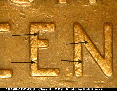 Die-stage B marker on 1949P•1DO•003 (1949 Doubled Die Obverse).