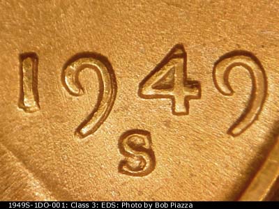 Die-stage A marker on 1949S•1DO•001 (1949 Doubled Die Obverse).