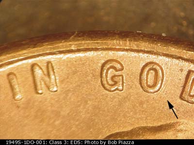 Die-stage A marker on 1949S•1DO•001 (1949 Doubled Die Obverse).