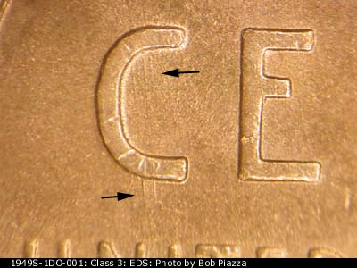 Die-stage A marker on 1949S•1DO•001 (1949 Doubled Die Obverse).