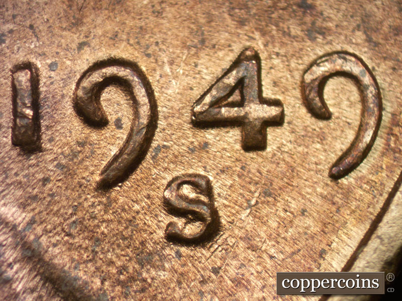 1949 Lincoln cent obverse, CopperCoins die 1949S•1DO•001.