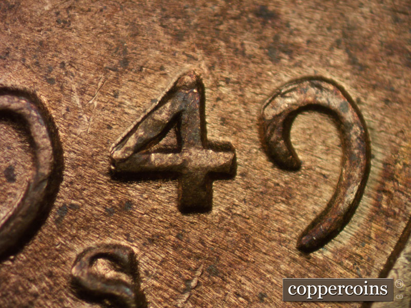 Die-stage B marker on 1949S•1DO•001 (1949 Doubled Die Obverse).