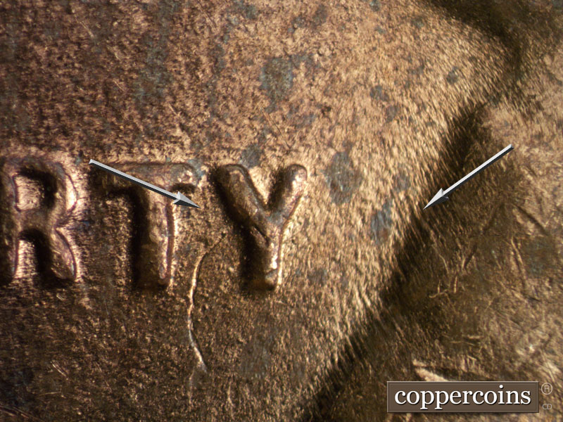 Die-stage B marker on 1949S•1DO•001 (1949 Doubled Die Obverse).