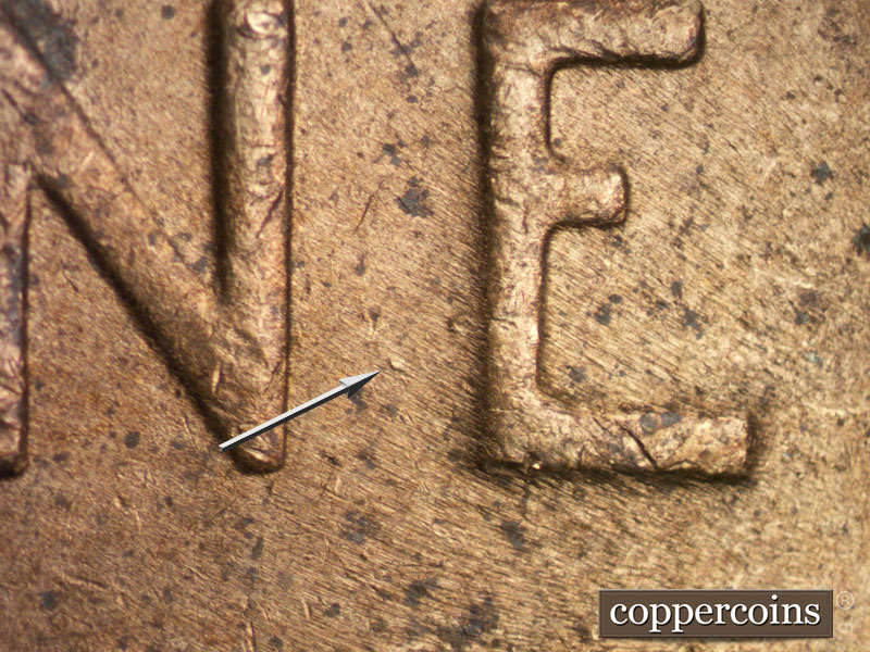 Die-stage B marker on 1949S•1DO•001 (1949 Doubled Die Obverse).