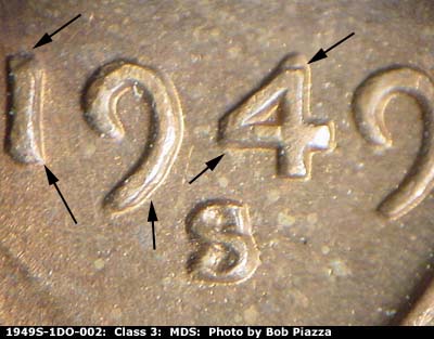 1949 Lincoln cent obverse, CopperCoins die 1949S•1DO•002.