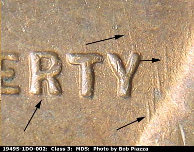 Die-stage B marker on 1949S•1DO•002 (1949 Doubled Die Obverse).