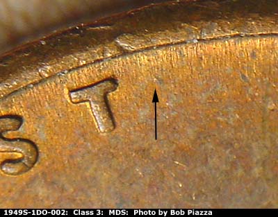 Die-stage B marker on 1949S•1DO•002 (1949 Doubled Die Obverse).