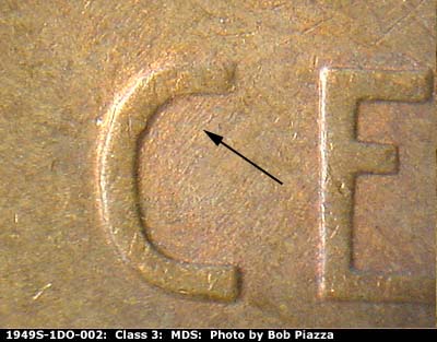 Die-stage B marker on 1949S•1DO•002 (1949 Doubled Die Obverse).