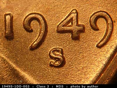 1949 Lincoln cent obverse, CopperCoins die 1949S•1DO•003.