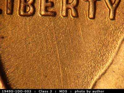 Die-stage B marker on 1949S•1DO•003 (1949 Doubled Die Obverse).