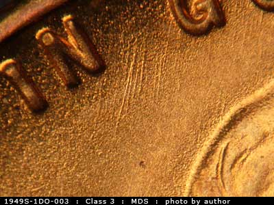 Die-stage B marker on 1949S•1DO•003 (1949 Doubled Die Obverse).
