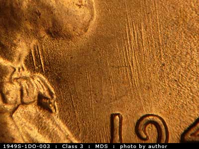 Die-stage B marker on 1949S•1DO•003 (1949 Doubled Die Obverse).