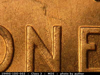 Die-stage B marker on 1949S•1DO•003 (1949 Doubled Die Obverse).