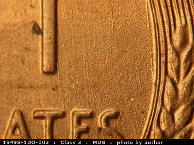 Die-stage B marker on 1949S•1DO•003 (1949 Doubled Die Obverse).