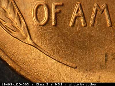 Die-stage B marker on 1949S•1DO•003 (1949 Doubled Die Obverse).