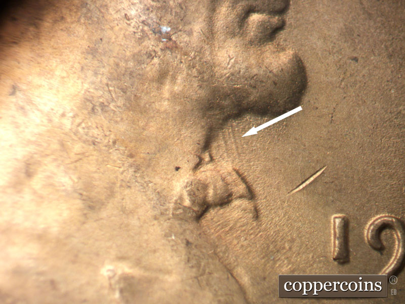 Die-stage C marker on 1949S•1DO•003 (1949 Doubled Die Obverse).