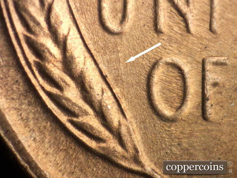 Die-stage C marker on 1949S•1DO•003 (1949 Doubled Die Obverse).