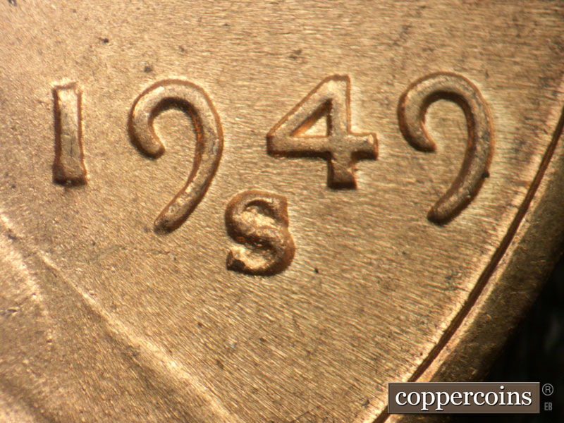 Die-stage B marker on 1949S•1DO•004 (1949 Doubled Die Obverse).