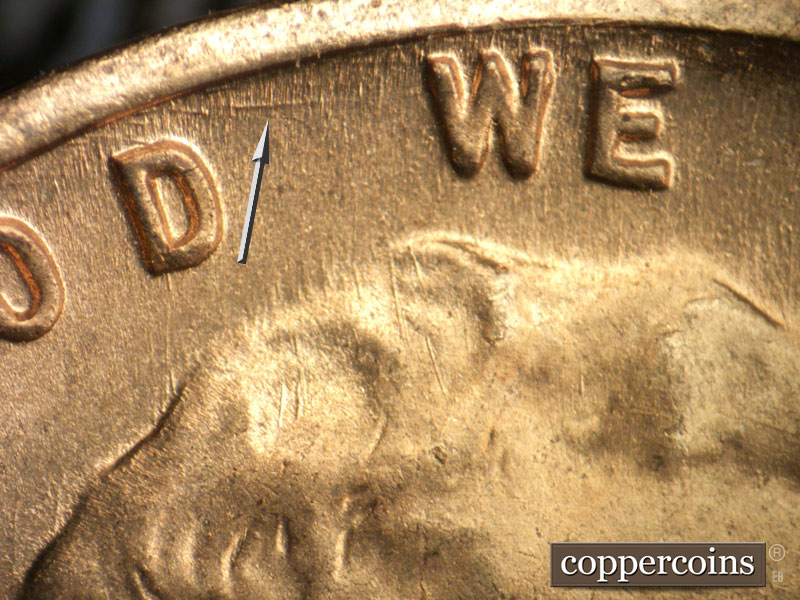 Die-stage B marker on 1949S•1DO•004 (1949 Doubled Die Obverse).