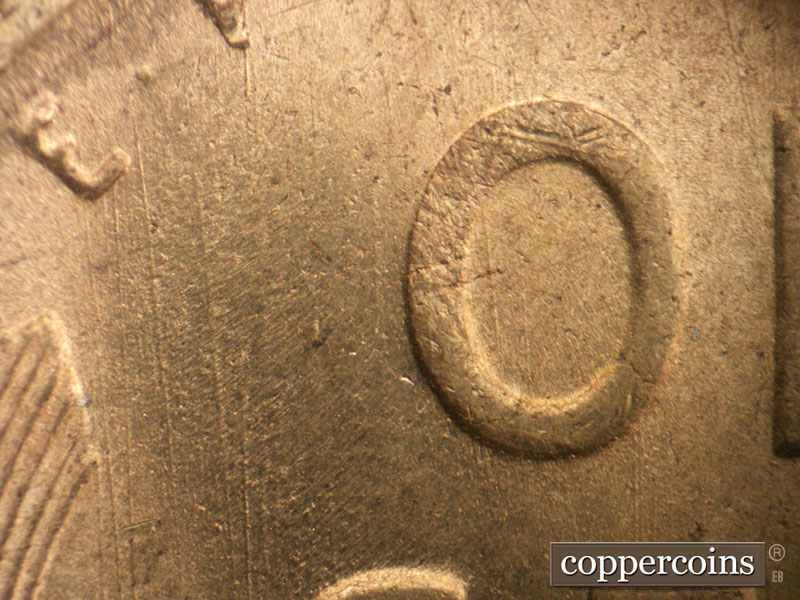 Die-stage B marker on 1949S•1DO•004 (1949 Doubled Die Obverse).