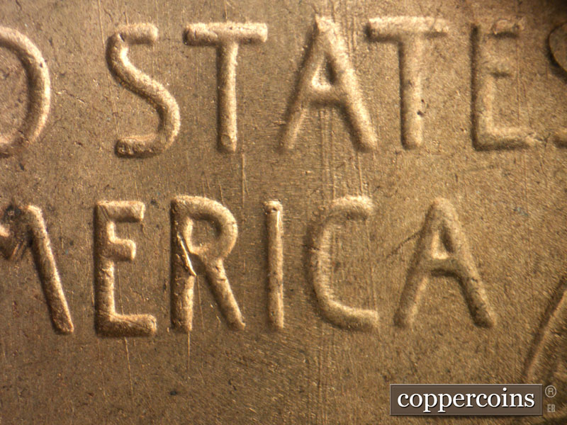 Die-stage B marker on 1949S•1DO•004 (1949 Doubled Die Obverse).