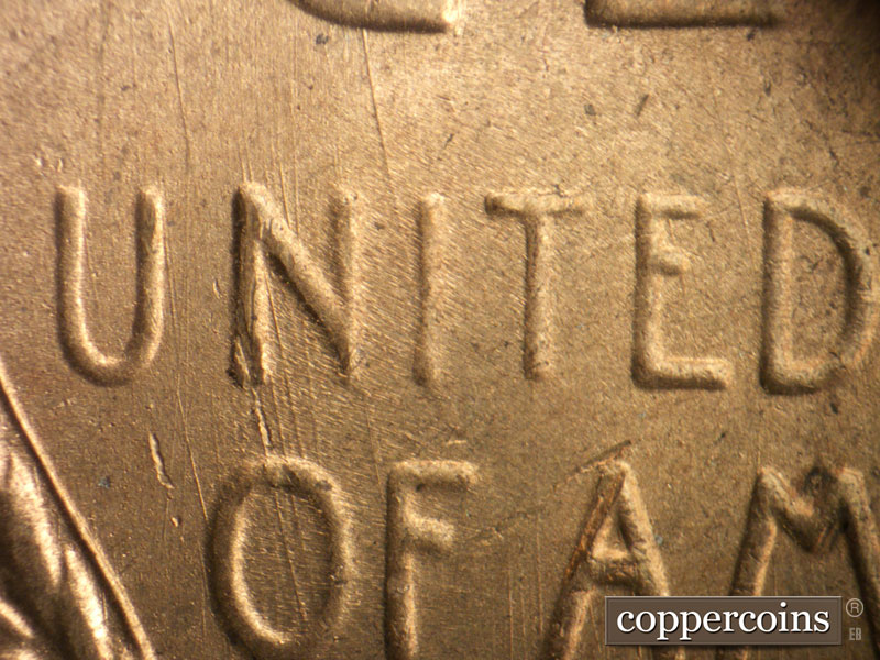Die-stage B marker on 1949S•1DO•004 (1949 Doubled Die Obverse).