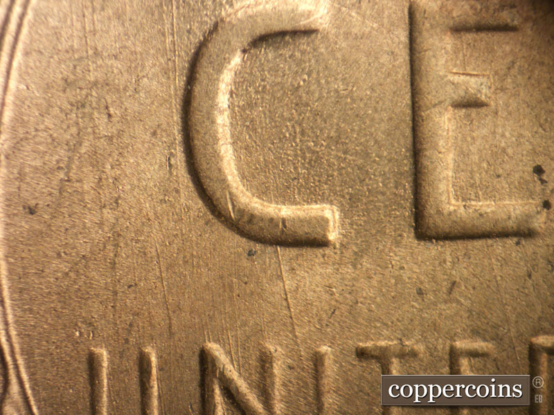 Die-stage B marker on 1949S•1DO•004 (1949 Doubled Die Obverse).