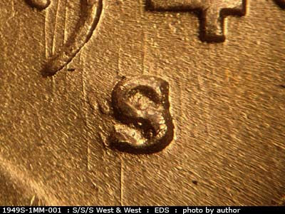 Die-stage A marker on 1949S•1MM•001 (1949 Repunched Mint Mark).