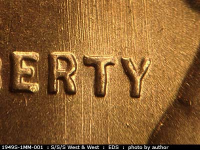Die-stage A marker on 1949S•1MM•001 (1949 Repunched Mint Mark).