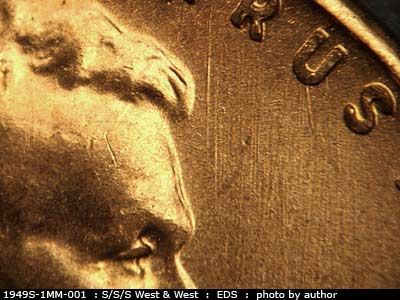 Die-stage A marker on 1949S•1MM•001 (1949 Repunched Mint Mark).