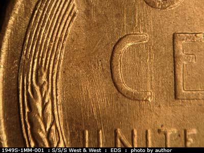 Die-stage A marker on 1949S•1MM•001 (1949 Repunched Mint Mark).
