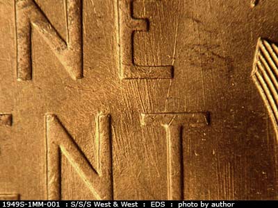 Die-stage A marker on 1949S•1MM•001 (1949 Repunched Mint Mark).