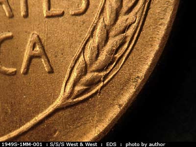 Die-stage A marker on 1949S•1MM•001 (1949 Repunched Mint Mark).