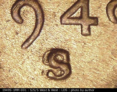 Die-stage C marker on 1949S•1MM•001 (1949 Repunched Mint Mark).