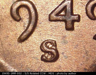 1949 Lincoln cent obverse, CopperCoins die 1949S•1MM•002.