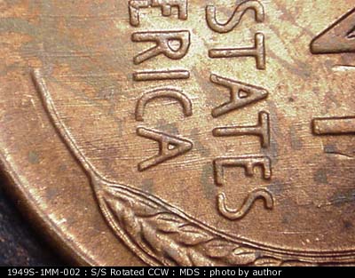 Die-stage B marker on 1949S•1MM•002 (1949 Repunched Mint Mark).