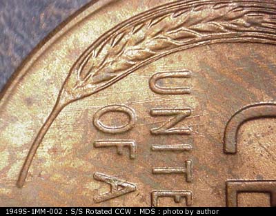 Die-stage B marker on 1949S•1MM•002 (1949 Repunched Mint Mark).