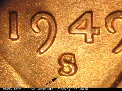 1949 Lincoln cent obverse, CopperCoins die 1949S•1MM•003.