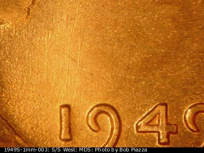 Die-stage B marker on 1949S•1MM•003 (1949 Repunched Mint Mark).