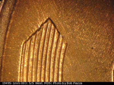 Die-stage B marker on 1949S•1MM•003 (1949 Repunched Mint Mark).