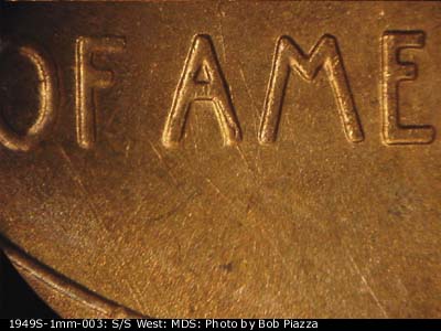 Die-stage B marker on 1949S•1MM•003 (1949 Repunched Mint Mark).