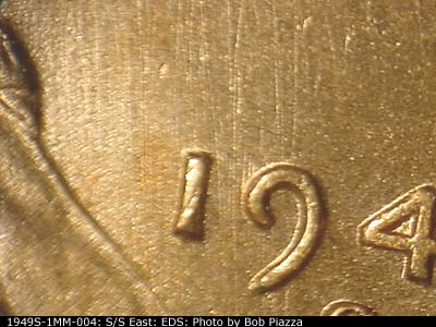 Die-stage A marker on 1949S•1MM•004 (1949 Repunched Mint Mark).