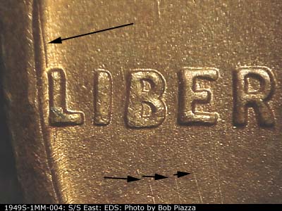 Die-stage A marker on 1949S•1MM•004 (1949 Repunched Mint Mark).